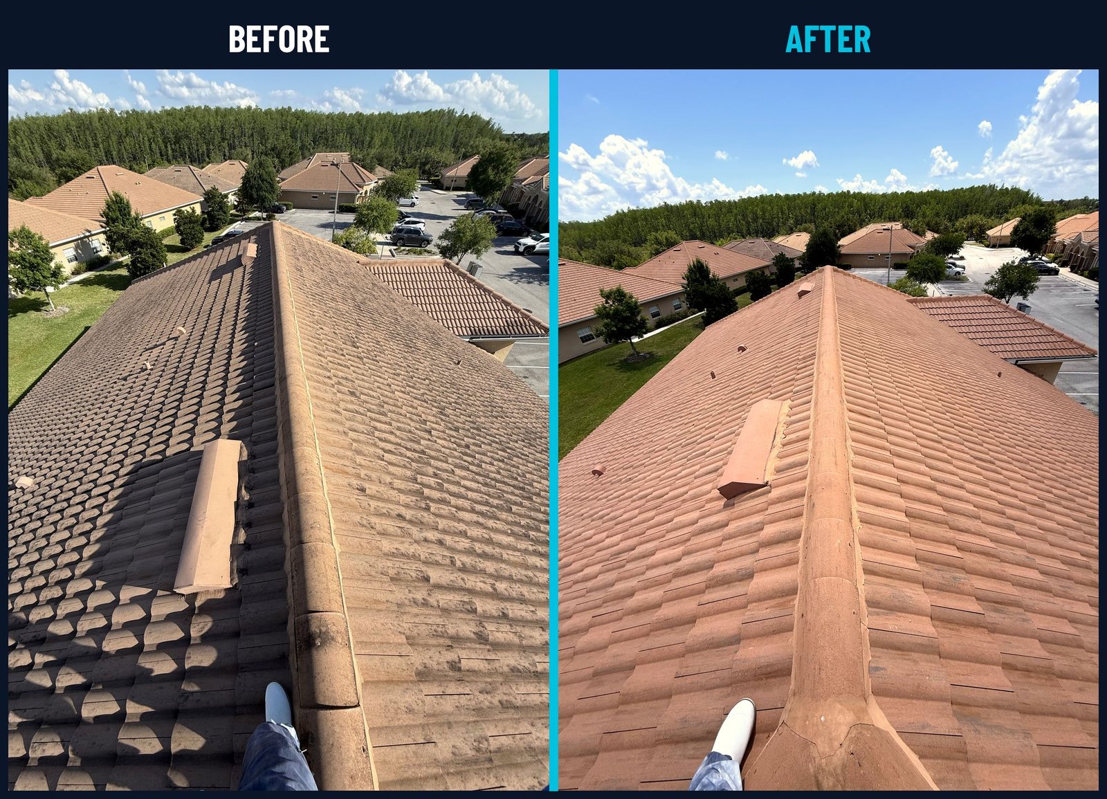 before and after roof cleaning in Orlando and Kissimmee FL by AB Superior Wash — black streaks and algae removed with a low-pressure soft wash