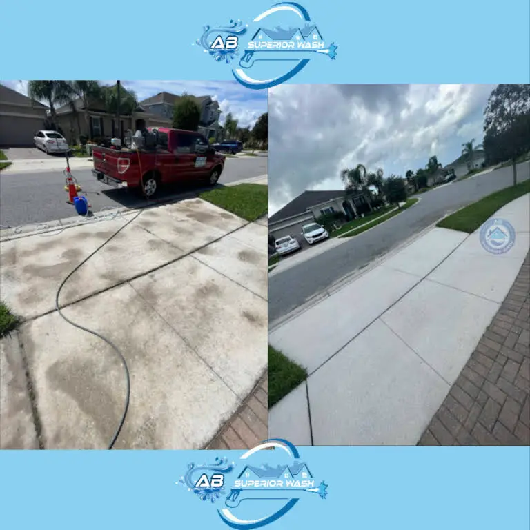 Concrete driveway in Orlando before and after cleaning, dirt and stains washed away to bright concrete