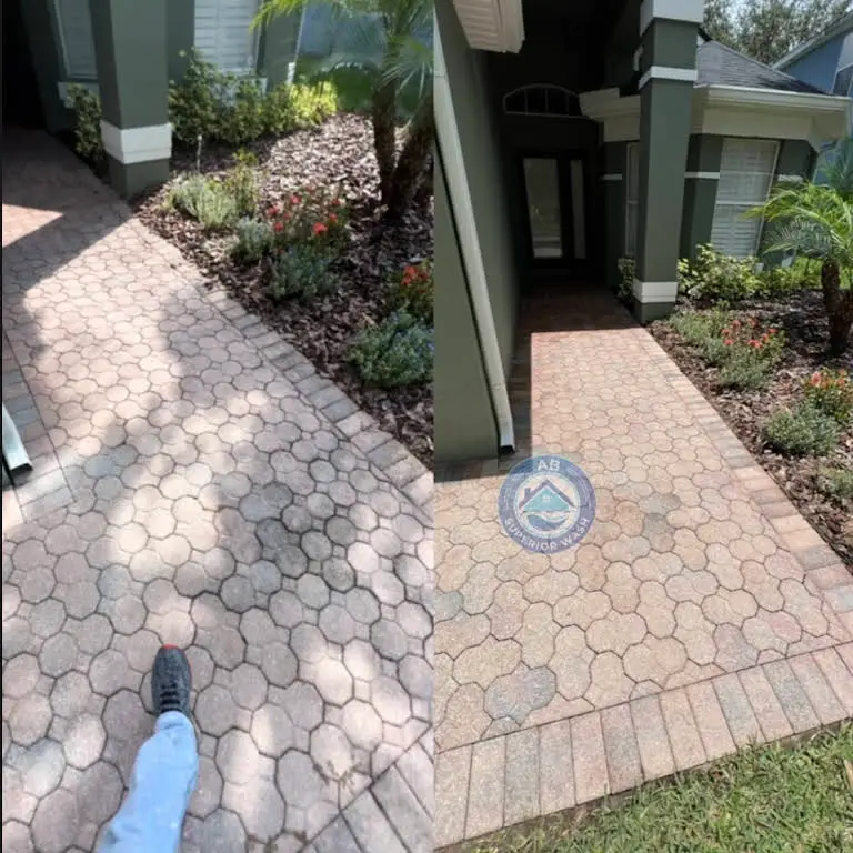Paver walkway in Orlando before and after a power wash, algae and grime cleared and color brought back