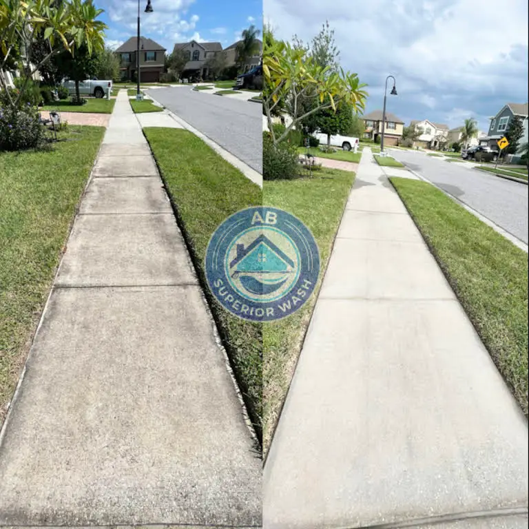 Neighborhood sidewalk in Orlando before and after cleaning, grime gone and the concrete brightened