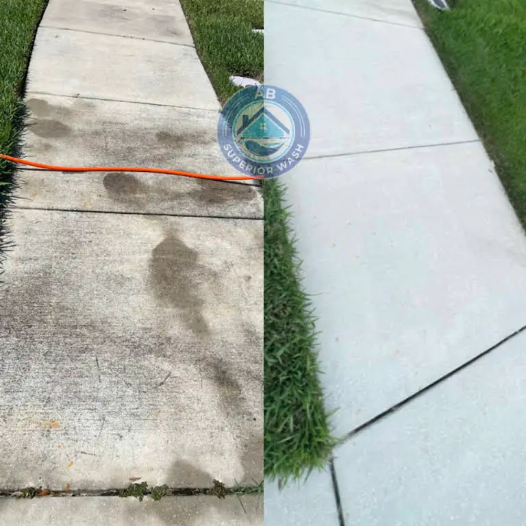 Concrete sidewalk in Orlando before and after power washing, with embedded dirt and stains lifted to clean concrete