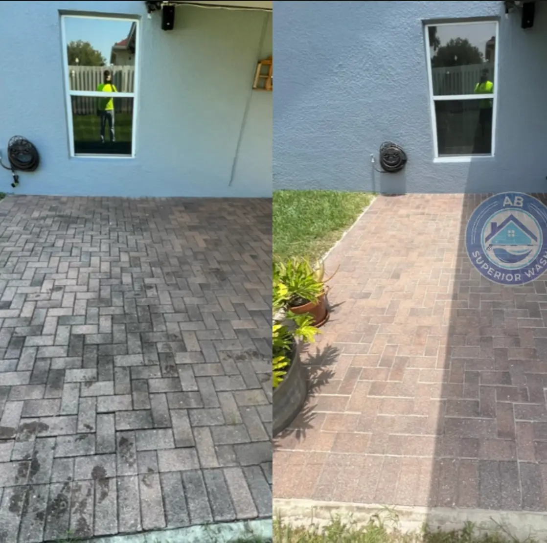 Brick pavers in Orlando before and after cleaning, with algae and dark staining washed out to restore the red color