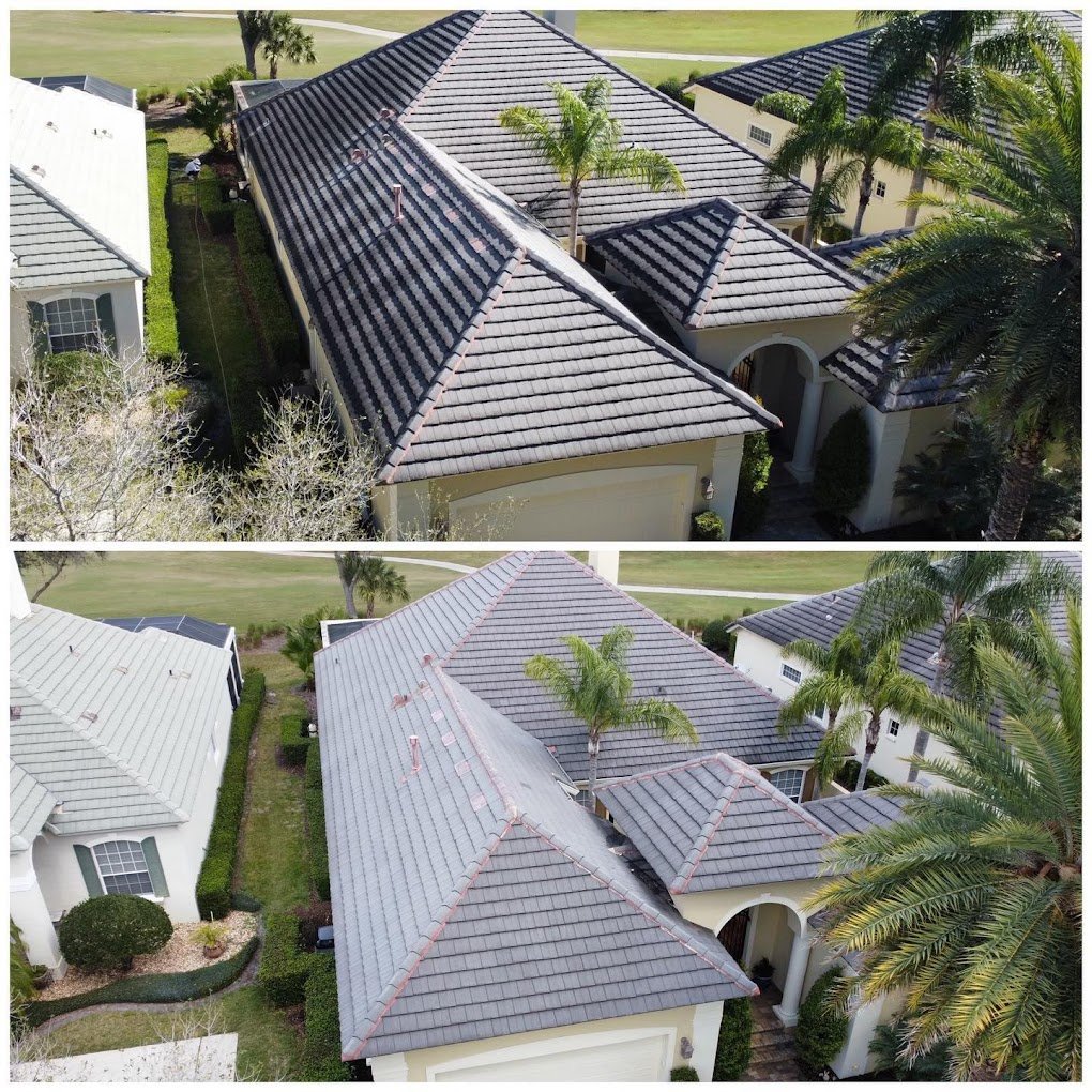 Aerial view of a tile roof in Orlando before and after a soft wash, algae streaks cleared from the tiles