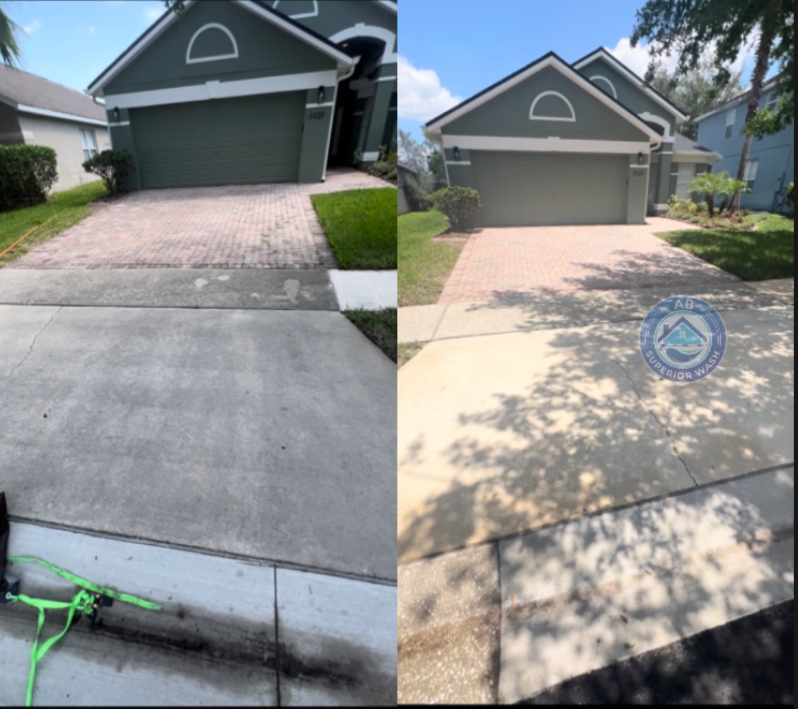 Before and after of a paver driveway cleaning in Orlando, FL by AB Superior Wash, dirty pavers restored to clean