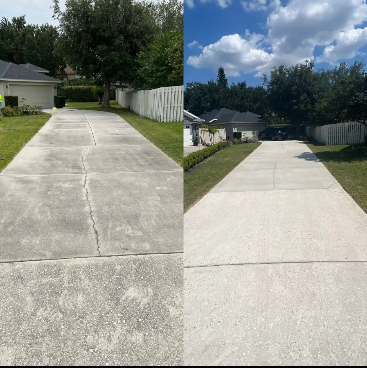 Before and after of a concrete driveway pressure washed in Orlando, FL, dark stained concrete cleaned to bright gray