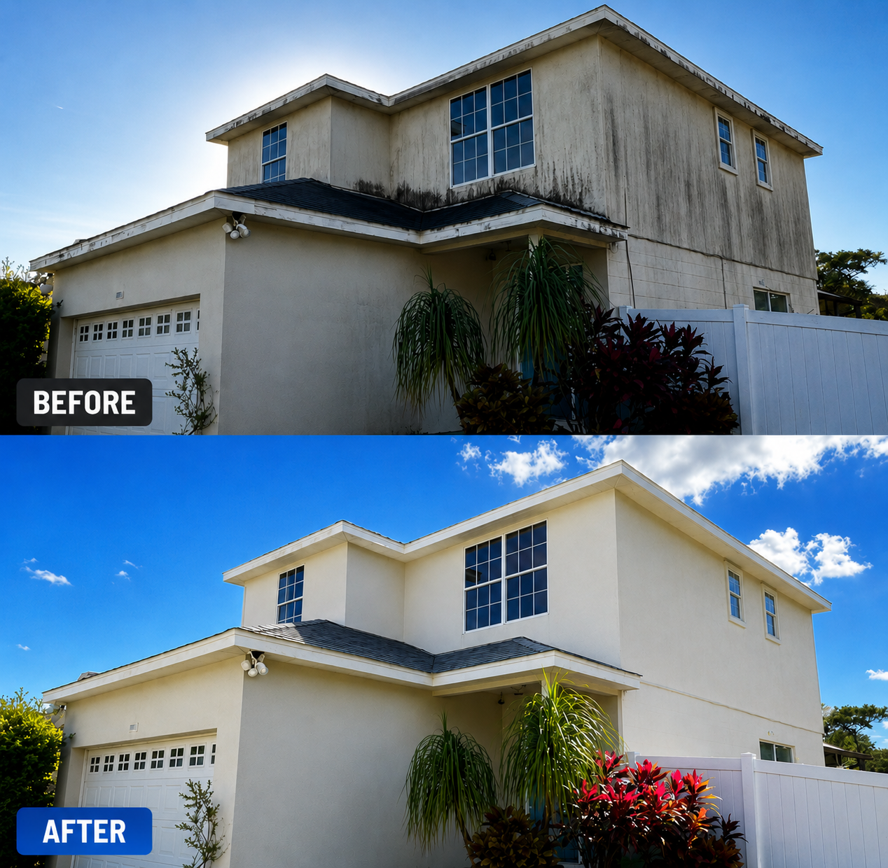 Before and after house washing in Kissimmee FL by AB Superior Wash, showing algae and dirt removed from a two-story stucco home exterior.