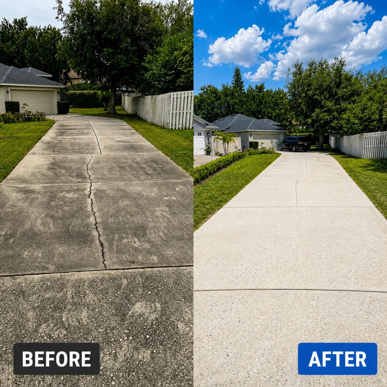Before and after driveway pressure washing in Orlando FL by AB Superior Wash, showing a stained concrete driveway restored to a bright clean finish.