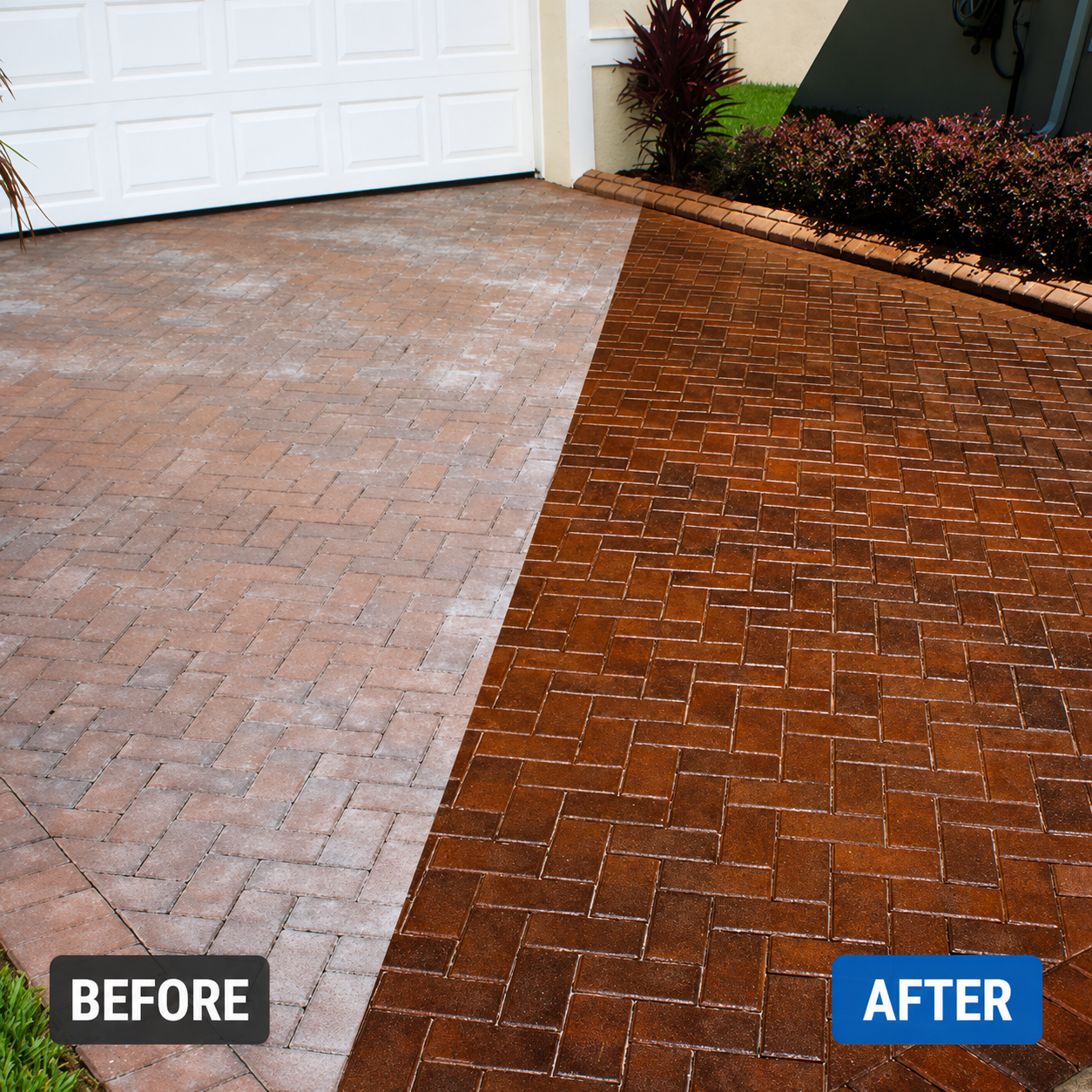 Before and after paver driveway showing faded grimy brick on one side and freshly cleaned and sealed pavers with a rich wet-look finish on the other