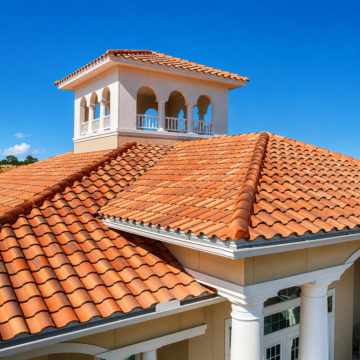 Clean red terracotta barrel-tile roof on a Mediterranean-style home with a white arched cupola against a blue sky