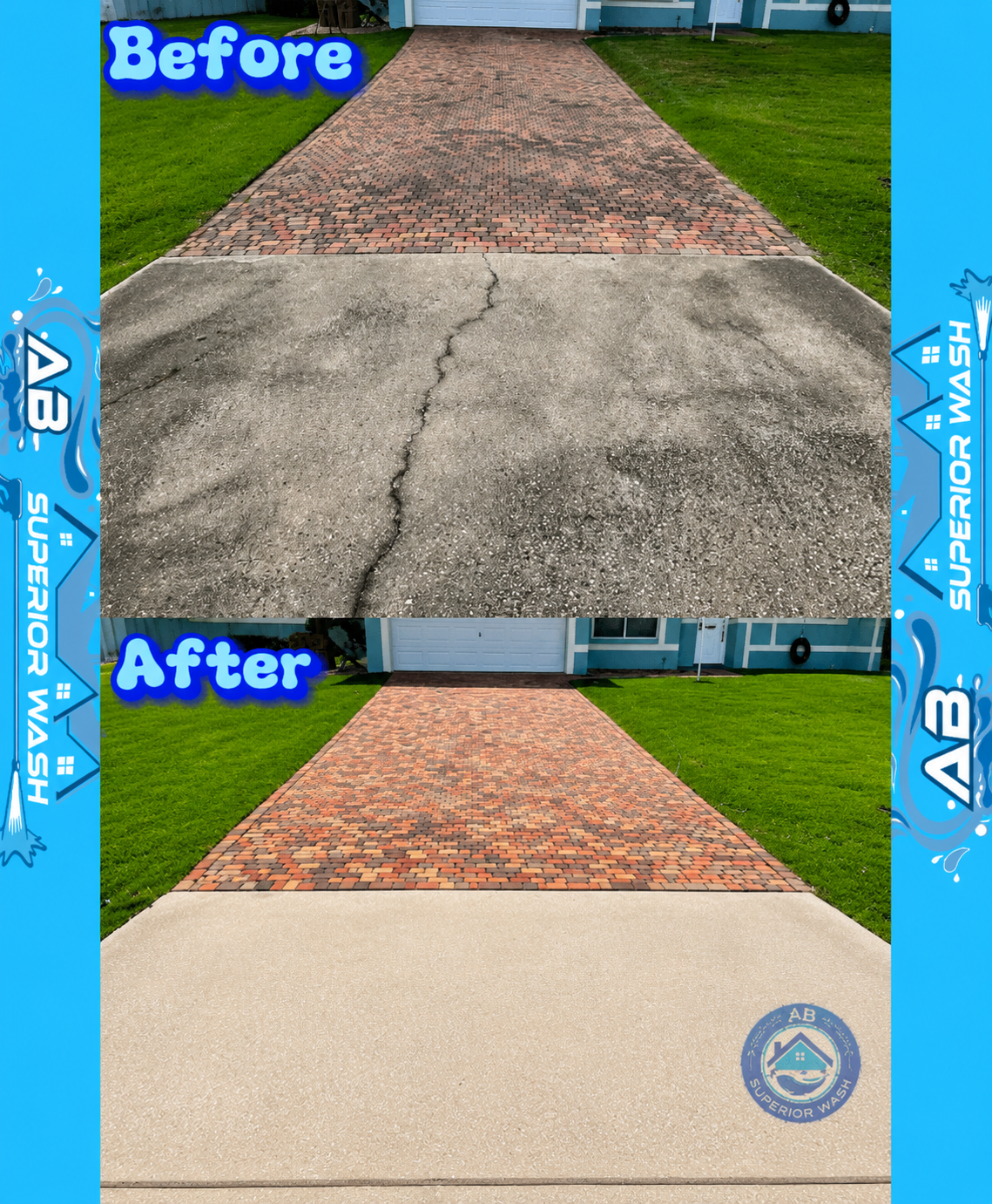 Before and after of a faded dirt-caked brick paver driveway cleaned to restore rich red color in Orlando, FL