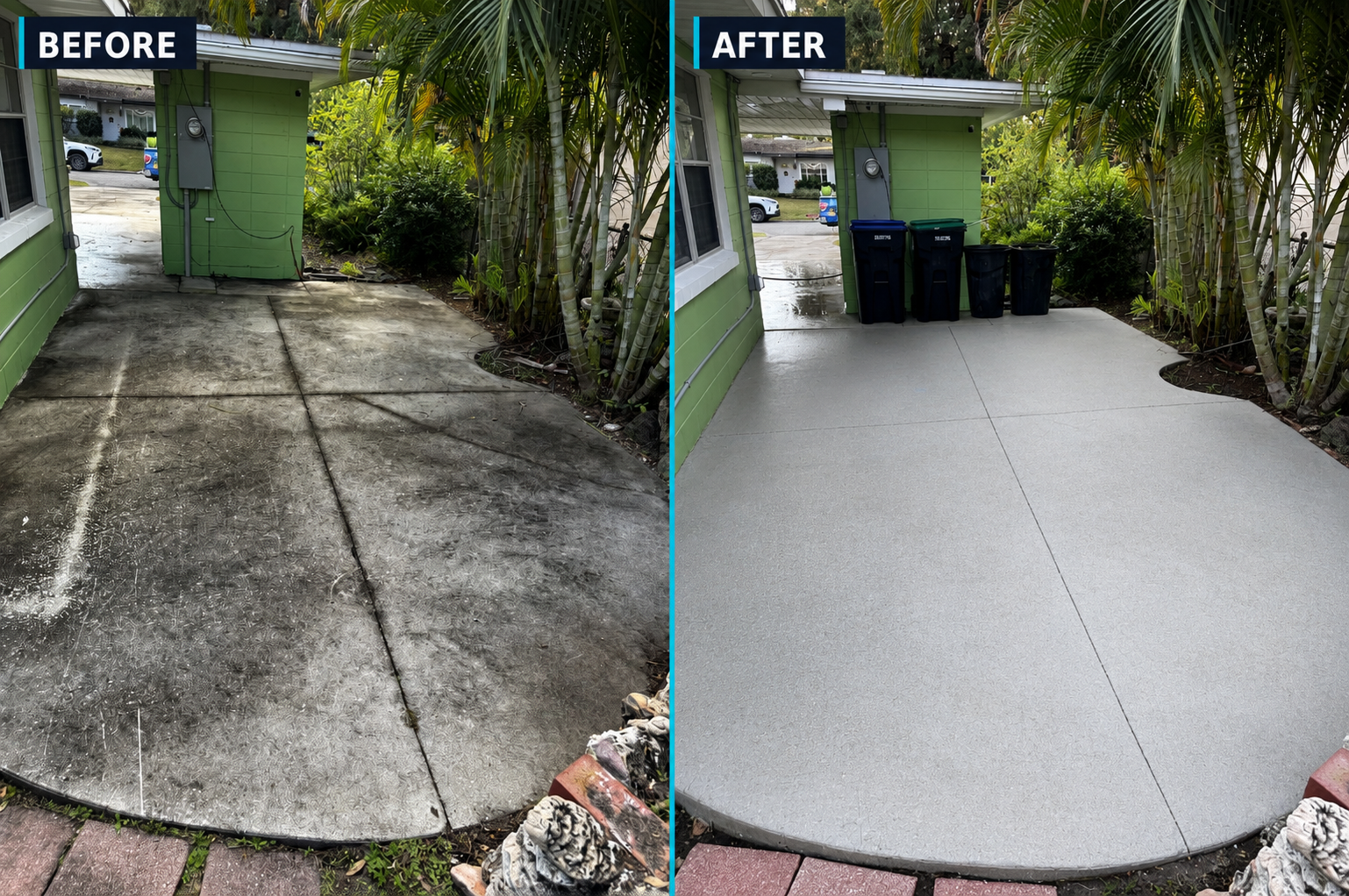 Before and after of a black algae-stained concrete patio pressure washed to a clean, bright finish at a green Orlando home