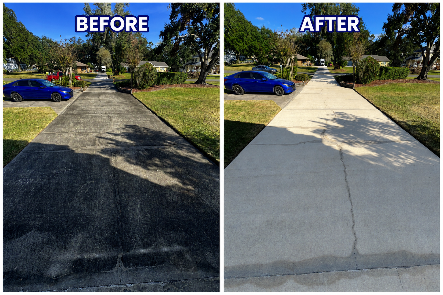 Before and after of a black algae-covered concrete driveway pressure washed to a clean, bright finish at an Orlando home