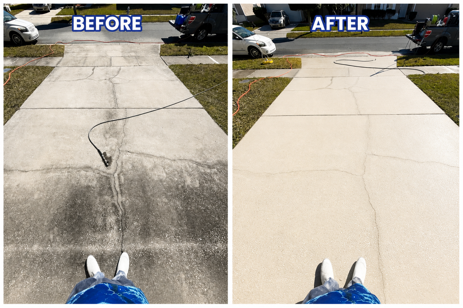 Before and after of a dirt-stained concrete driveway pressure washed to a clean, bright finish, shot from the technician's view in Orlando, FL