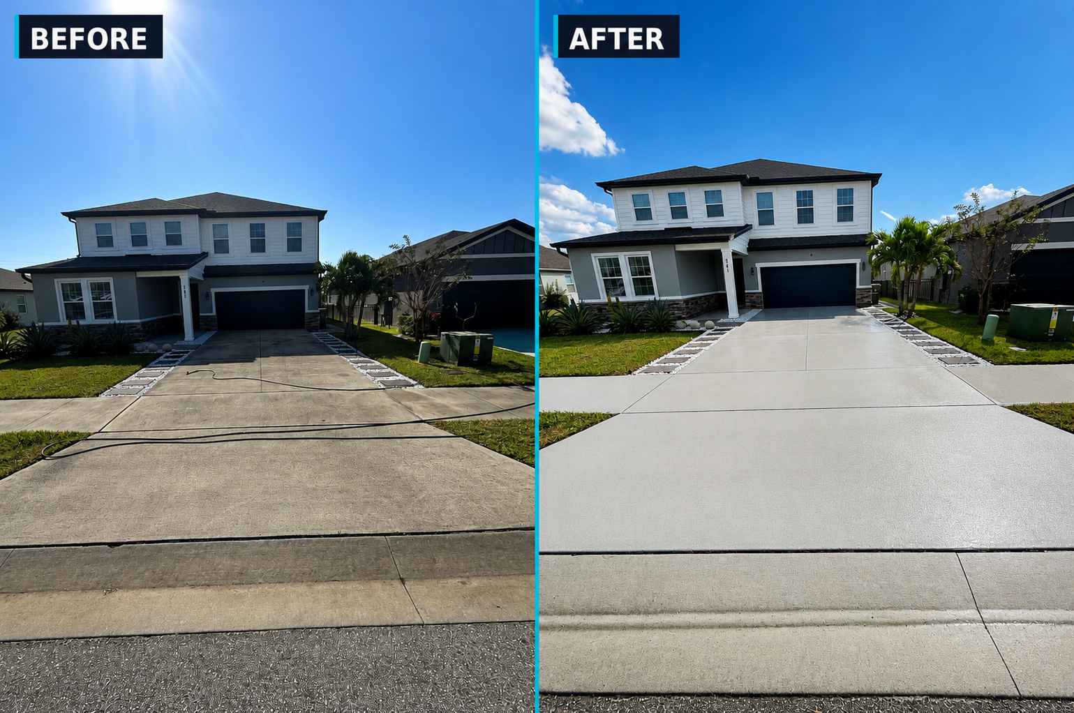 Before and after of a dirt-stained concrete driveway pressure washed to a bright, even finish at a modern two-story Orlando home