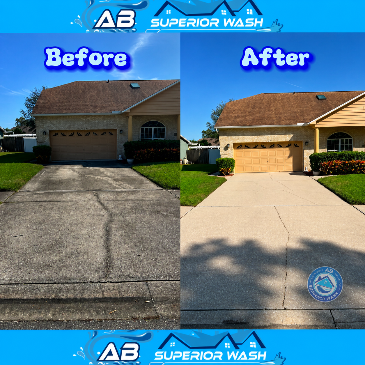 Before and after of an Orlando home with a soft-washed roof, brightened exterior, and cleaned driveway