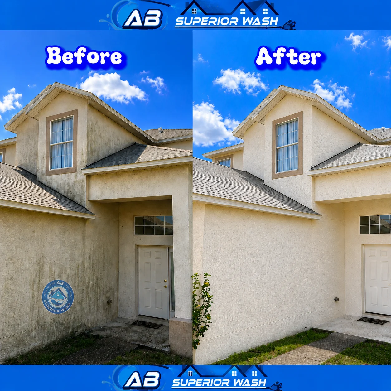 house washing before and after in Orlando FL — full two-story stucco home cleaned by AB Superior Wash soft wash