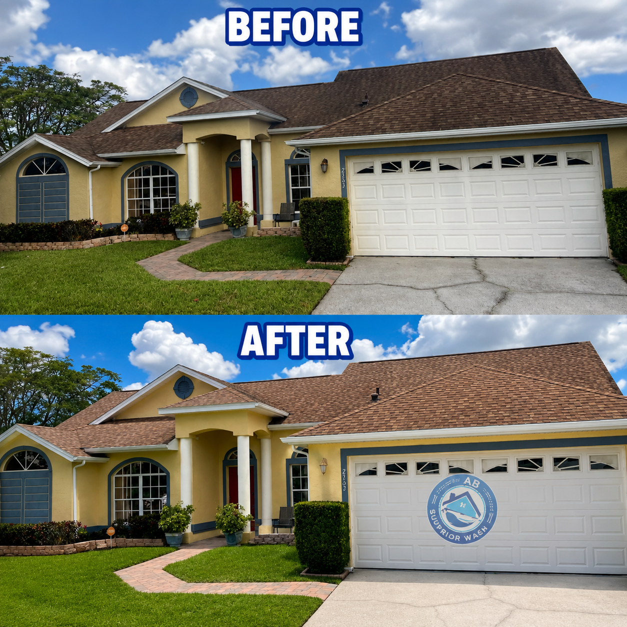 Before and after of an Orlando home with a soft-washed roof, brightened stucco, and cleaned driveway