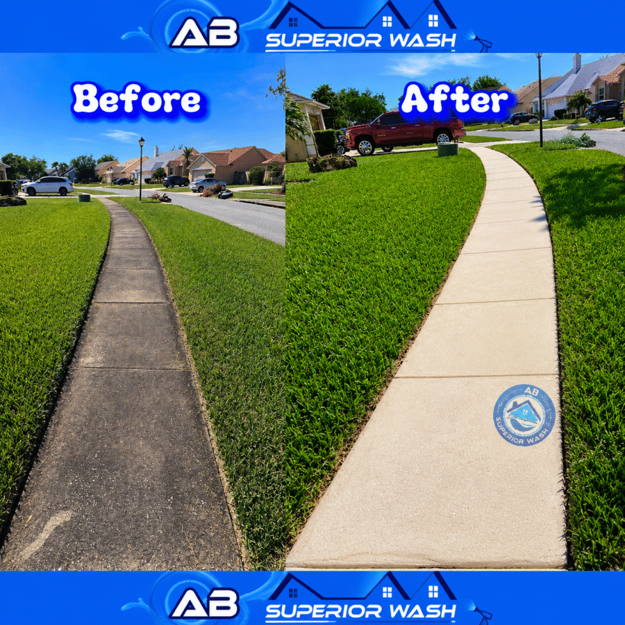 Before and after of a gray dirt-stained curving neighborhood sidewalk pressure washed clean in Orlando, FL