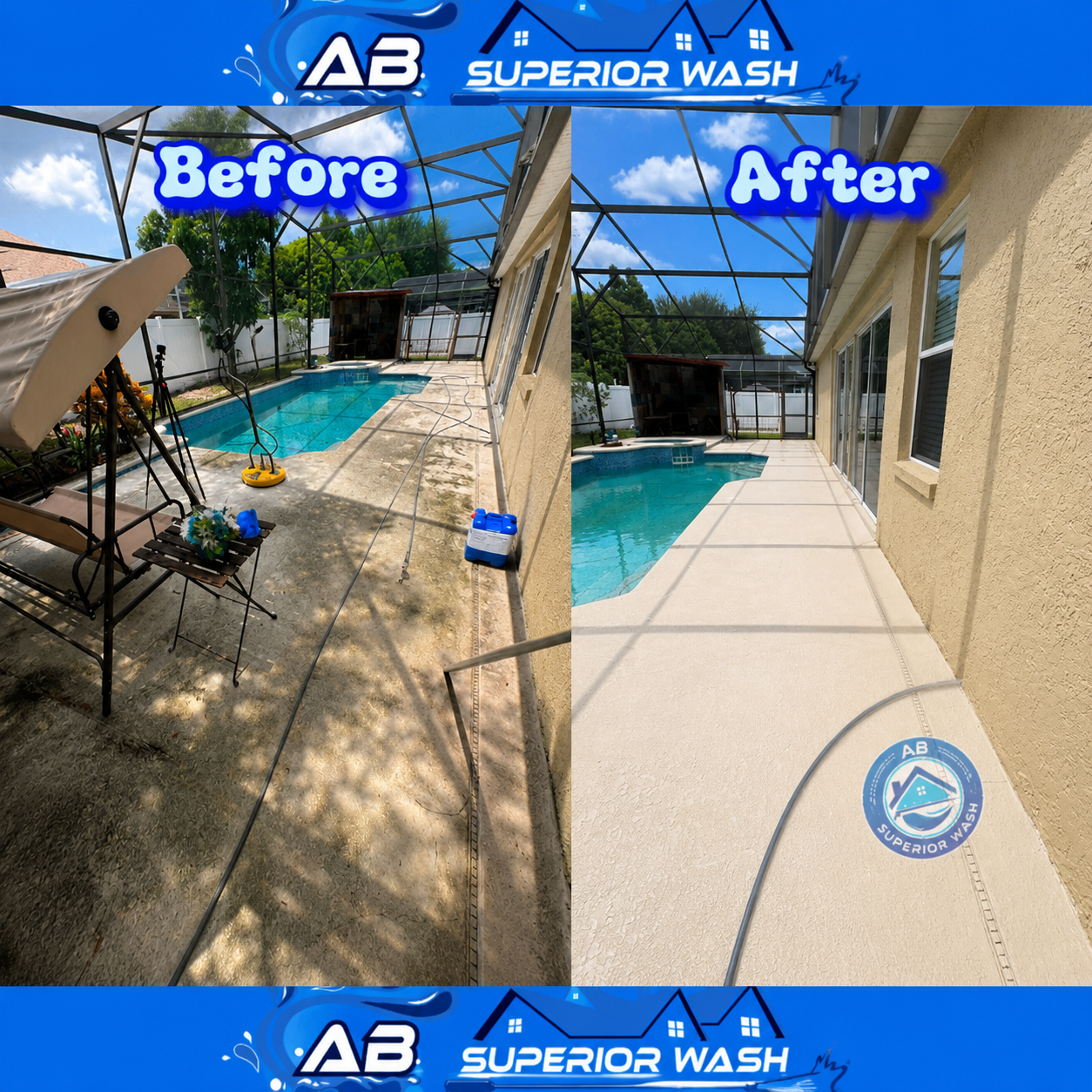 Before and after of a dirt-stained screened pool deck pressure washed to a clean, bright finish in Orlando, FL