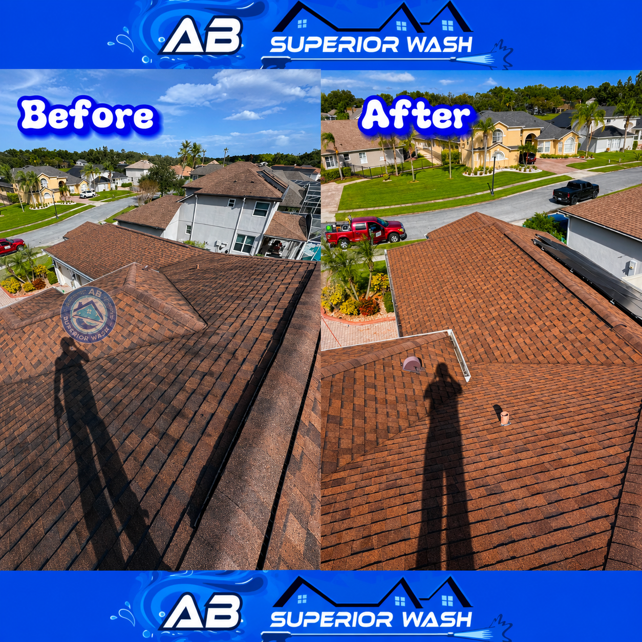 Before and after of black algae streaks soft washed off asphalt shingles restoring the roof color in Orlando, FL