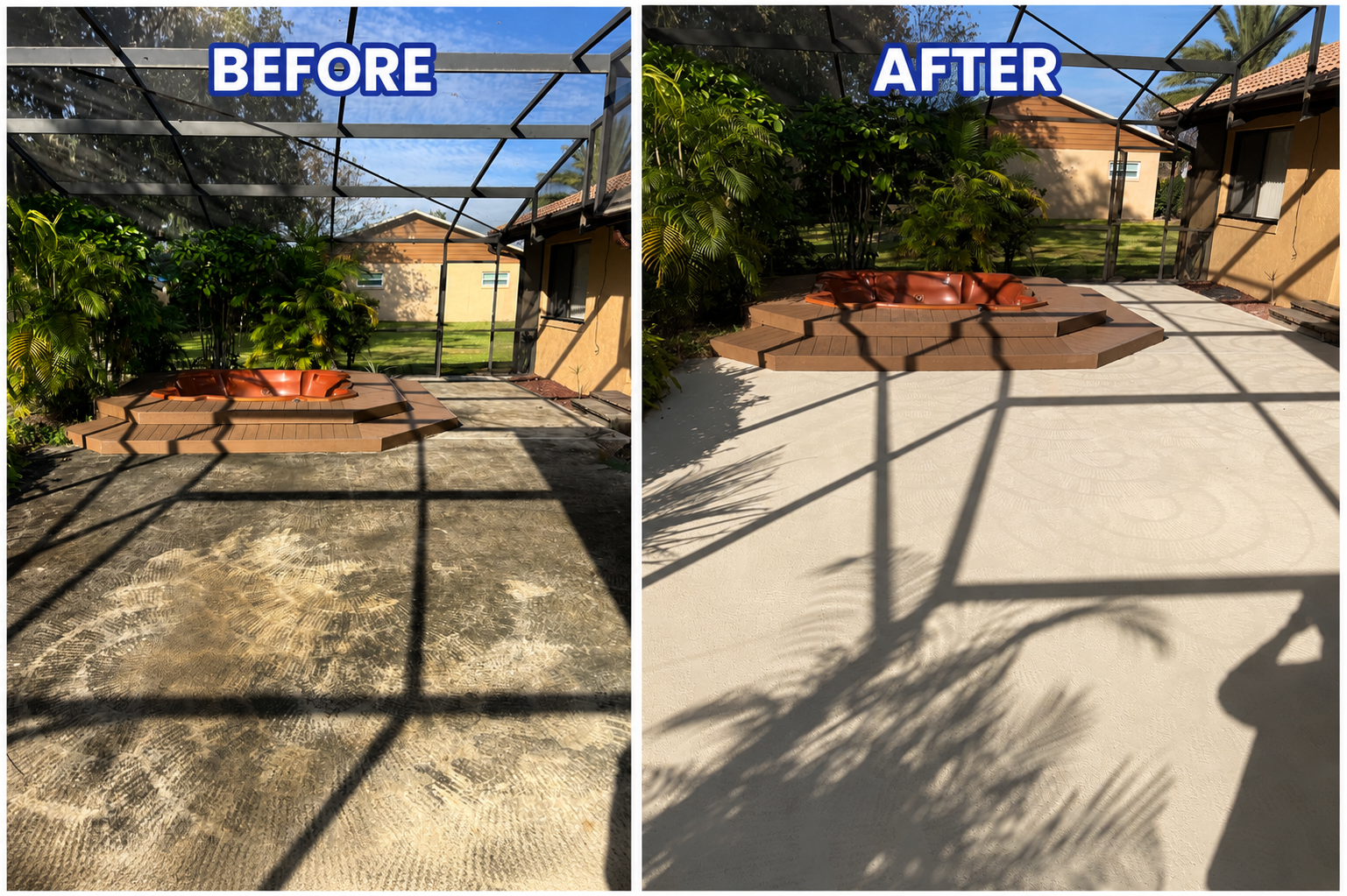 Before and after of an algae-darkened textured concrete pool deck inside a screen enclosure cleaned to a light finish in Orlando, FL