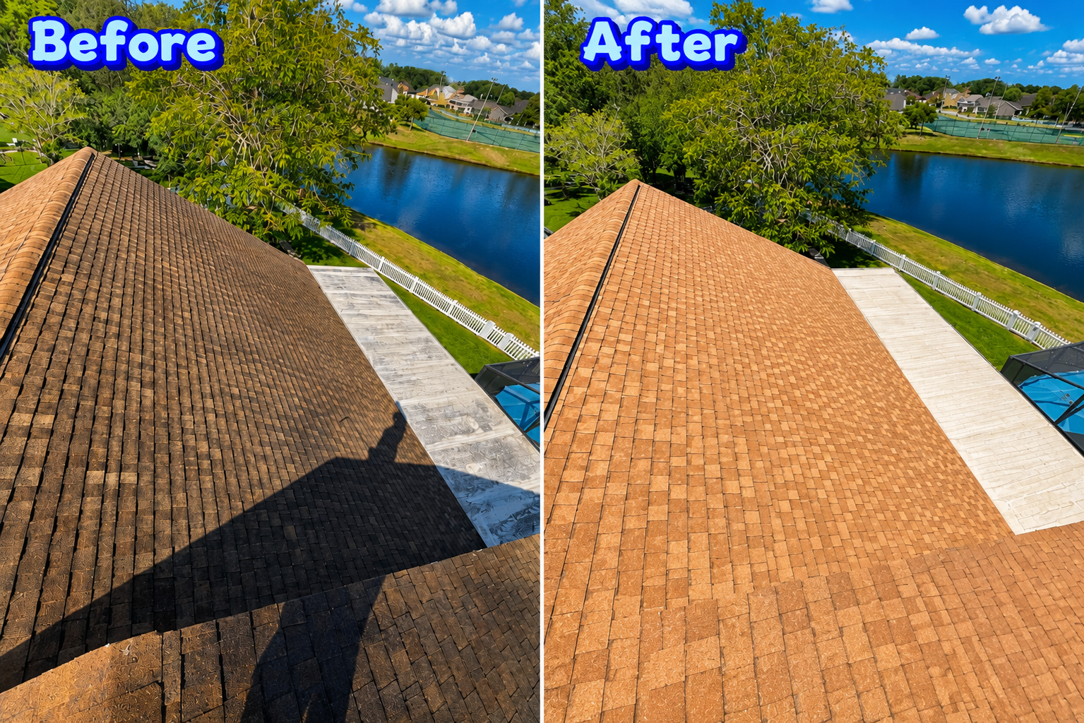Before and after of a black algae-streaked asphalt shingle roof soft washed clean beside a pond in Orlando, FL