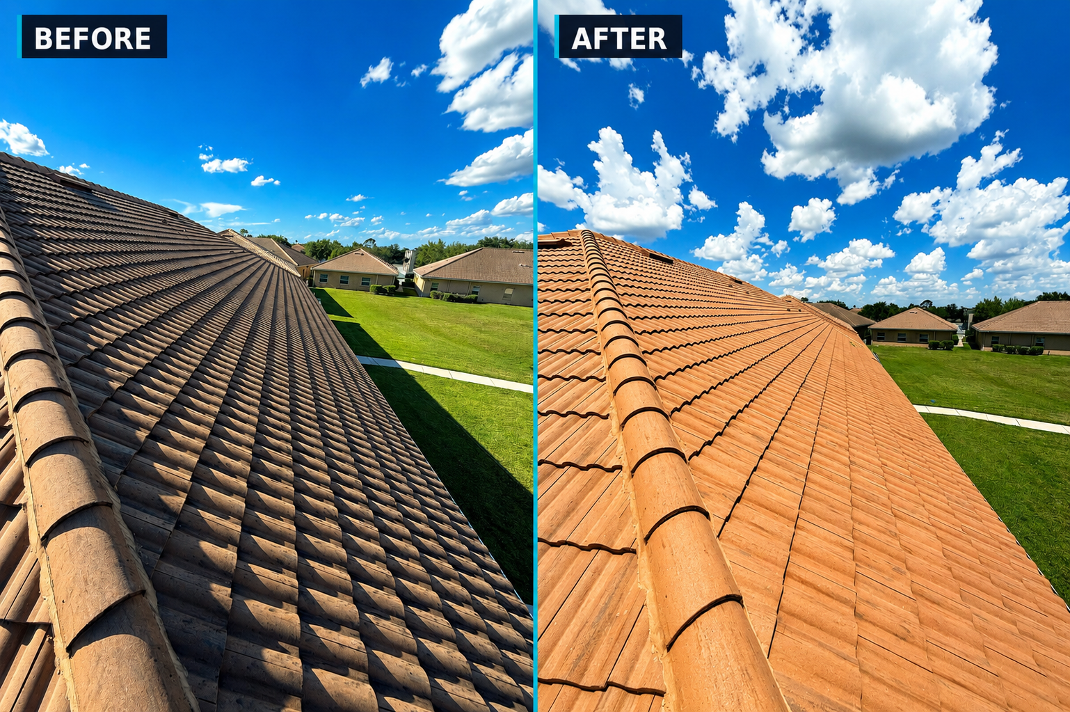 Before and after of a dull algae-covered barrel tile roof soft washed to a bright terracotta finish in Orlando, FL