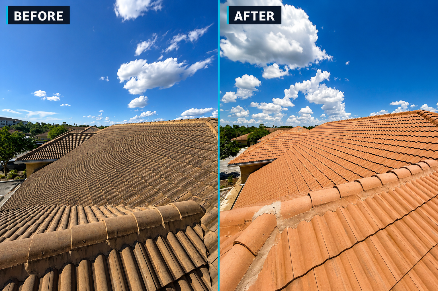 Before and after of a gray algae-covered barrel tile roof soft washed to a vivid clean terracotta in Orlando, FL