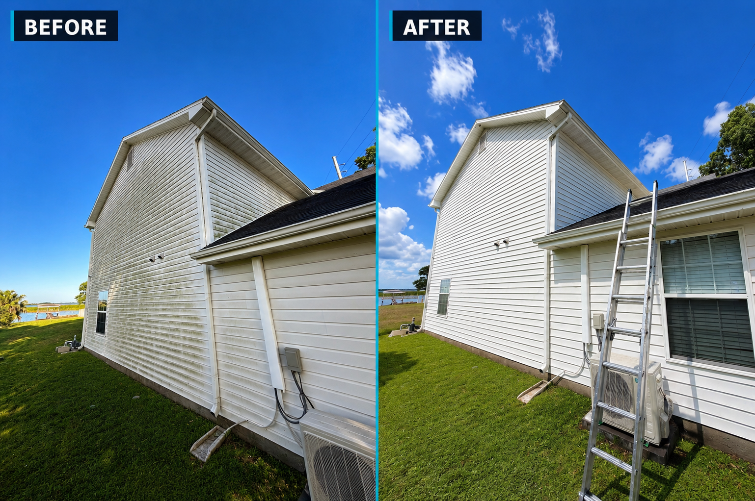 Before and after of green algae-streaked white vinyl siding soft washed back to clean white on a lakeside Orlando home